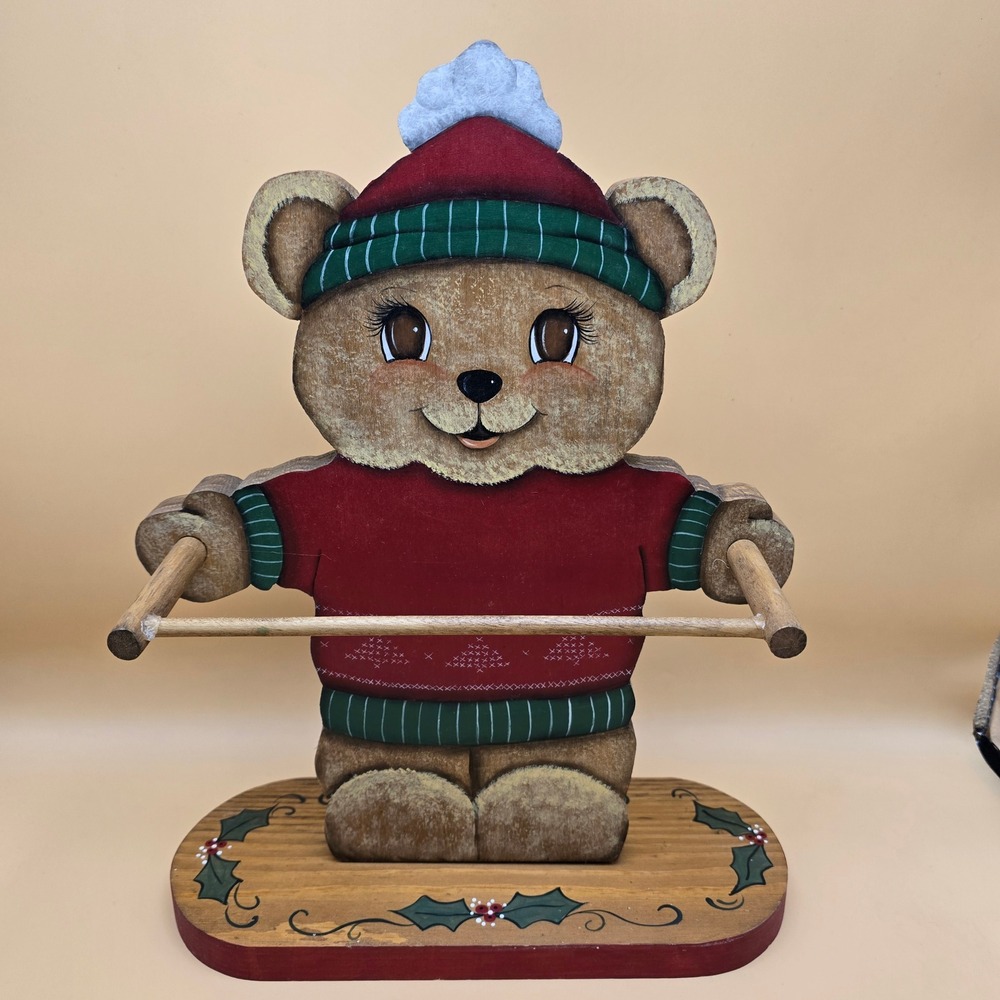 Vintage Christmas Wooden Teddy Bear Towel Holder Hand Painted Folk Art Holiday - Picture 2 of 16
